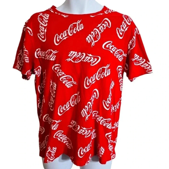 Coca Cola Large Red White All Over Print Logo T Shirt 90s Y2K Retro Graphic Tee - Picture 2 of 5